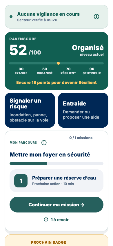 L'accueil de l'application : RavenScore 52/100, niveau Organisé, prochaine action Préparer une réserve d'eau.