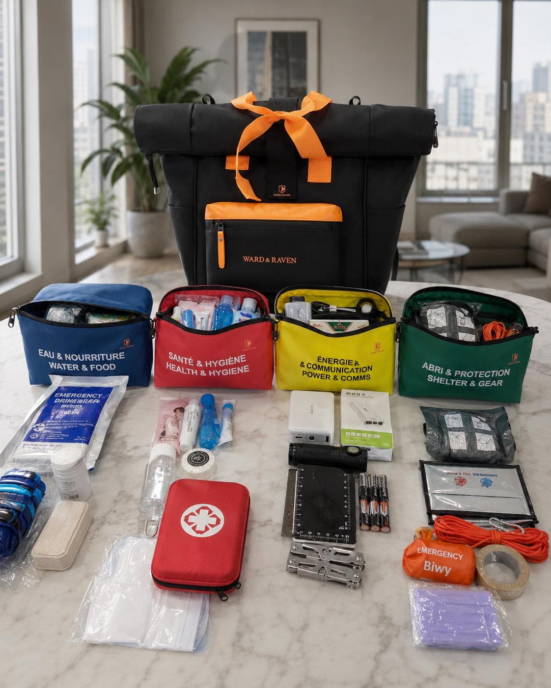 Ward & Raven GoBag with opened pods and equipment laid out