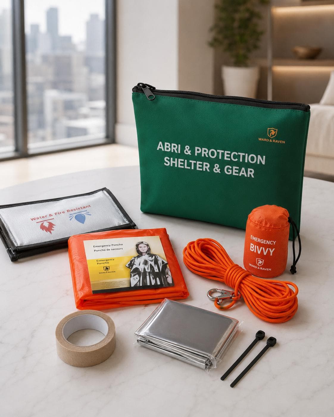 Pod abri et protection Ward & Raven avec poncho, bivvy et corde